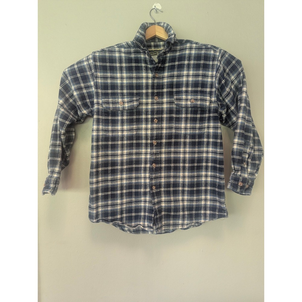 Field & Stream Flannel Shirt Mens L Blue Plaid Heavyweight Workwear Button Down